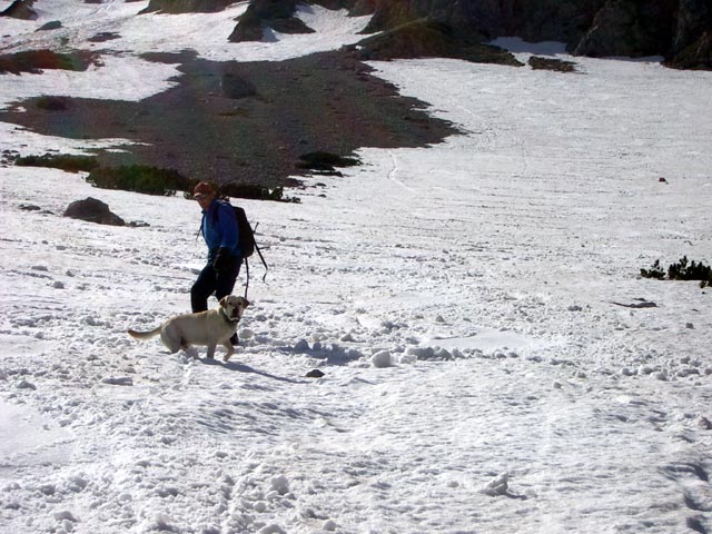 Schifahrer mit Hund in der Breiten Ries