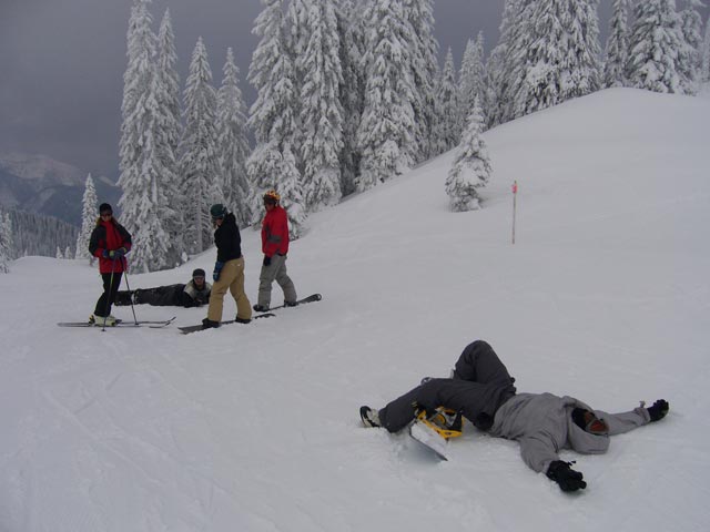 Sonja, Markus, Claudia, Peter und Farayi auf der Blachlbodenabfahrt