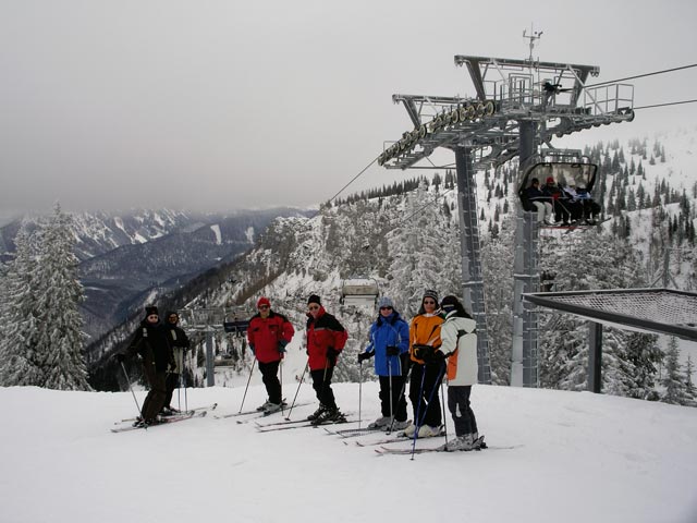 Matthias, Nadja, Wolfgang, ?, ?, Andrea und Daniela bei der Bergstation der 4er-Sesselbahn Ochsenboden