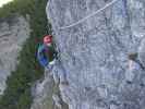 Oberer Stripsenkopf-Klettersteig: Daniela bei der Teilung der beiden Varianten (12. Okt.)