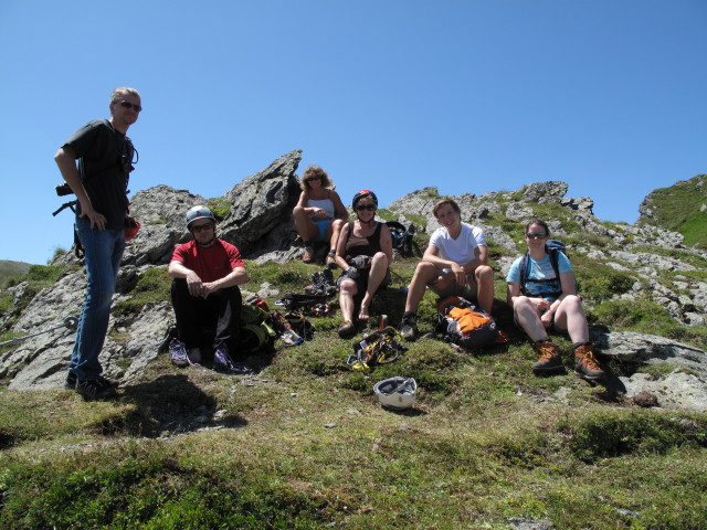 Falken-Klettersteig: Peter, Friedrich, Irmgard, Edith, Christoph und Daniela beim Ausstieg (17. Juli)