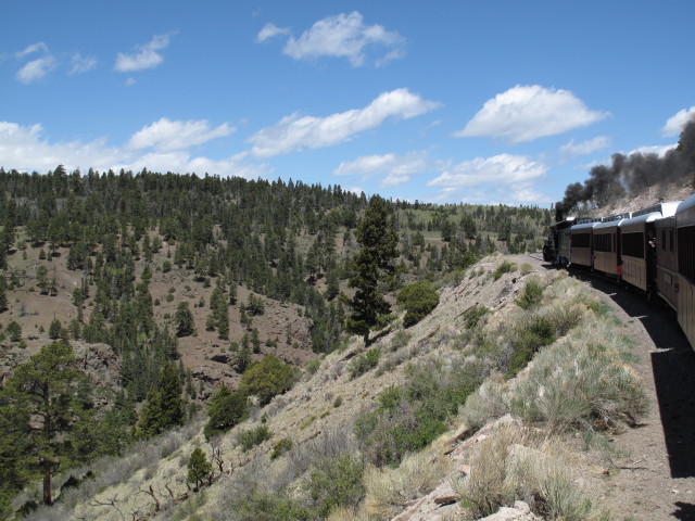 No. 489 mit San Juan Express #216 der Cumbres & Toltec Scenic Narrow-Gauge Railroad zwischen Big Horn und Sublette  (29. Mai)