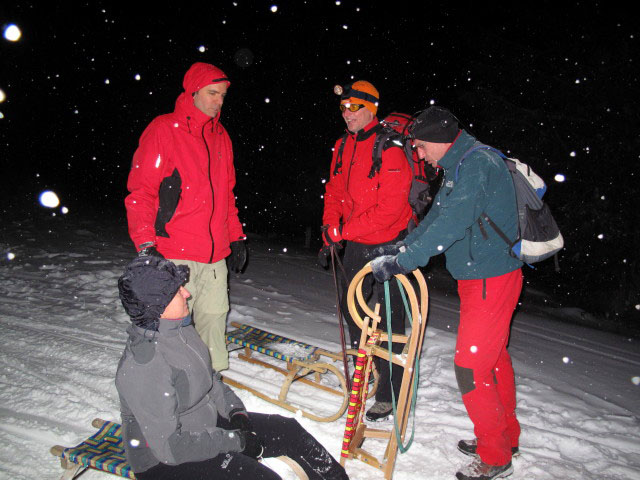 Claudia, Stefan, Peter und Helmut auf der Rodelbahn Roseggerhaus (31. Dez.)