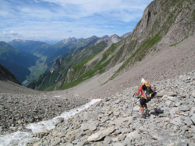 Gudrun am Augsburger Höhenweg zwischen Parseierscharte und Grünem Brünnle (12. Aug.)