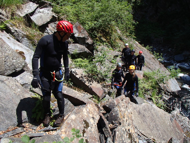 Klabauter-Klettersteig: Klaus, Ariane, Reinhard, Miriam, Andreas und Werner auf den Klabauterplatten