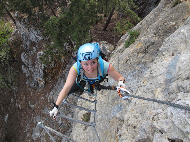 Gebirgsvereins-Klettersteig: Diana auf der Hängeleiter