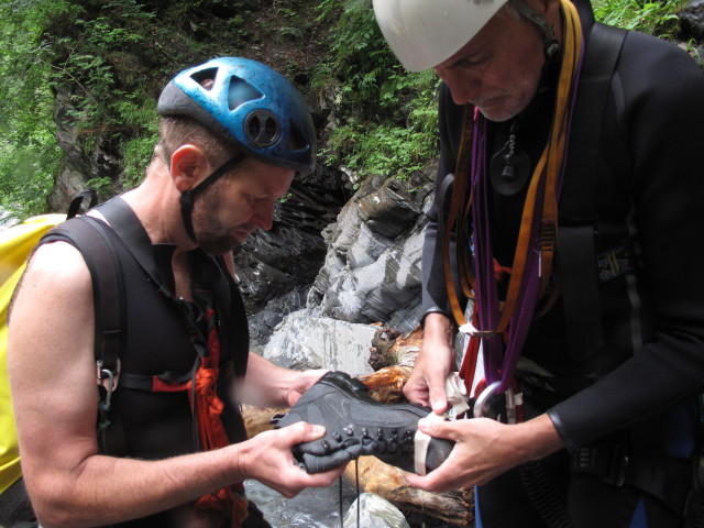 Klabauter-Klettersteig: Helmut und Josef zwischen Klabauterplatten und zweitem Wasserfall