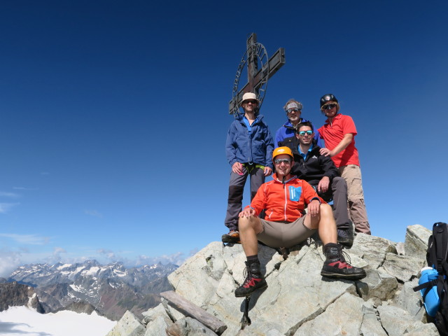 Thorsten, ich, Klaus, Dirk und Jörg auf der Ruderhofspitze, 3.474 m (30. Juli)