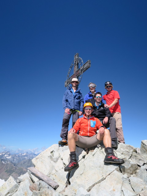 Thorsten, ich, Klaus, Dirk und J&ouml;rg auf der Ruderhofspitze, 3.474 m (30. Juli)
