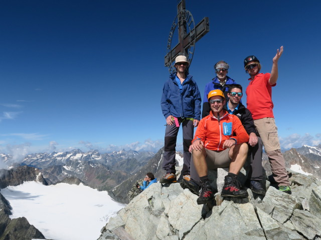 Thorsten, ich, Klaus, Dirk und J&ouml;rg auf der Ruderhofspitze, 3.474 m (30. Juli)