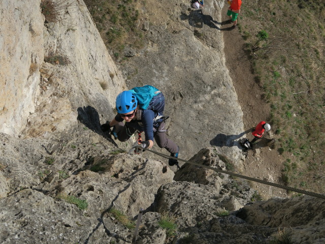 Pittentaler Klettersteig: Sabine zwischen Steigbaum und erster Querung