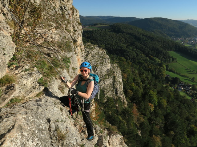 Pittentaler Klettersteig: Sabine nach der Schlüsselstelle