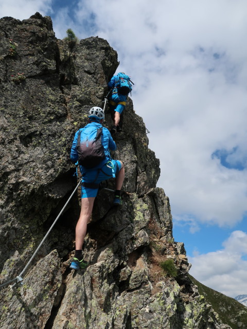 Speikboden-Klettersteig: Christian und Daniel zwischen Nepalbrücke und Ausstieg