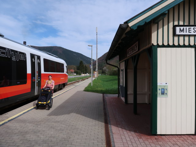 Nils und Sabine im Bahnhof Miesenbach-Waidmannsfeld, 399 m