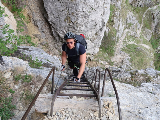 Teufelsbadstubensteig: Mario auf der Leiter zur Höhle