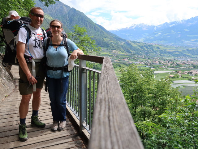 Nils, ich und Sabine am Marlinger Waalweg zwischen Töll und Gasthaus Schönblick (22. Mai)