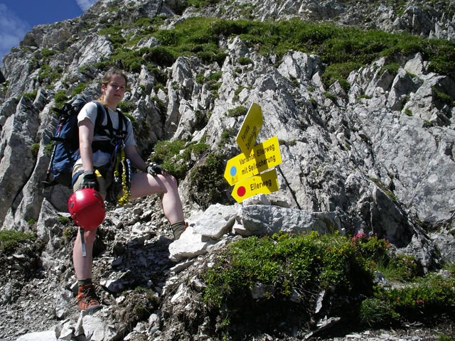 Zellinköpfe-Klettersteig: Daniela bei der Abzweigung (13. Juli 2007)